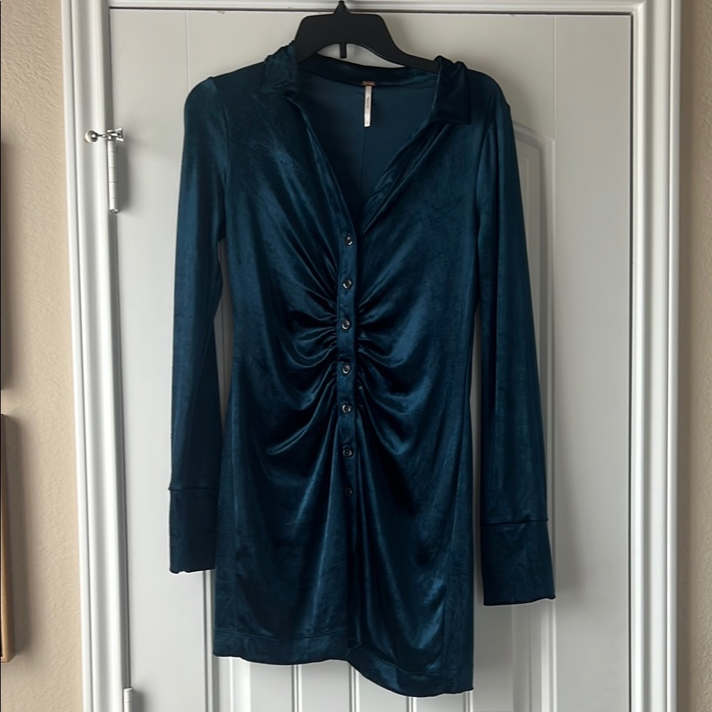 Free People Teal Long-Sleeve velvet Button-Up Dress